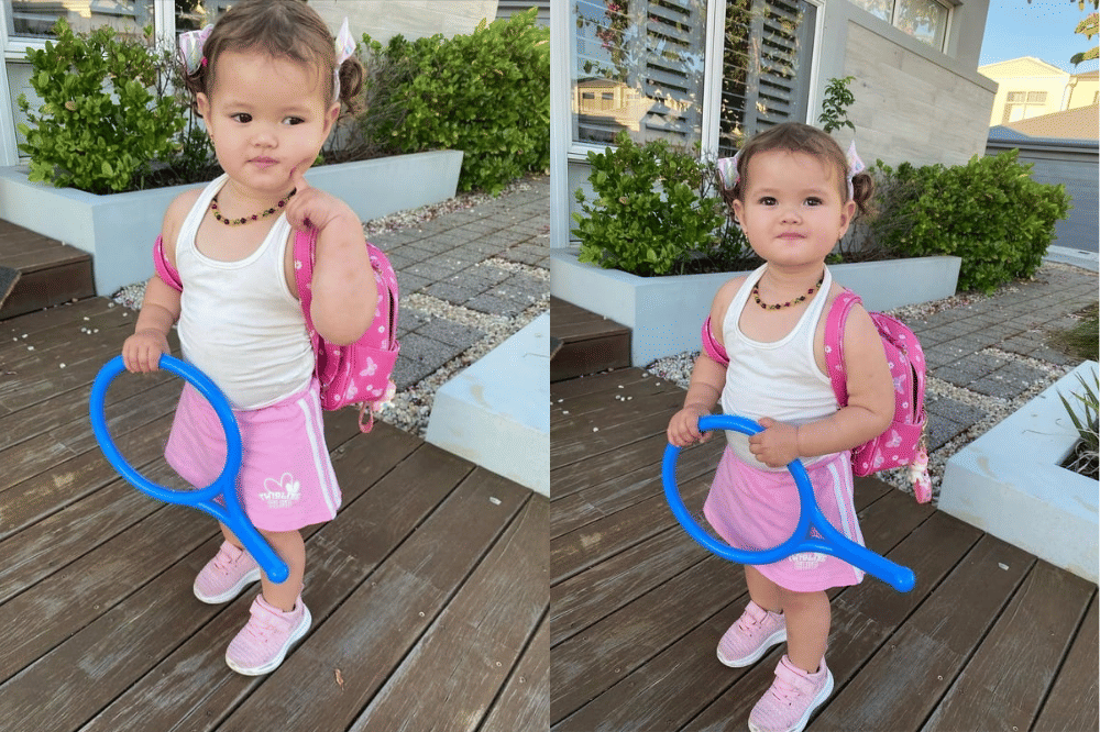 Briella memakai gaya sporty lengkap dengan raket tenis