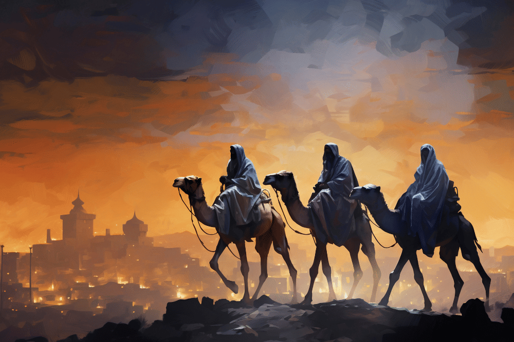 Tiga orang menaiki unta sebagai alat transportasi