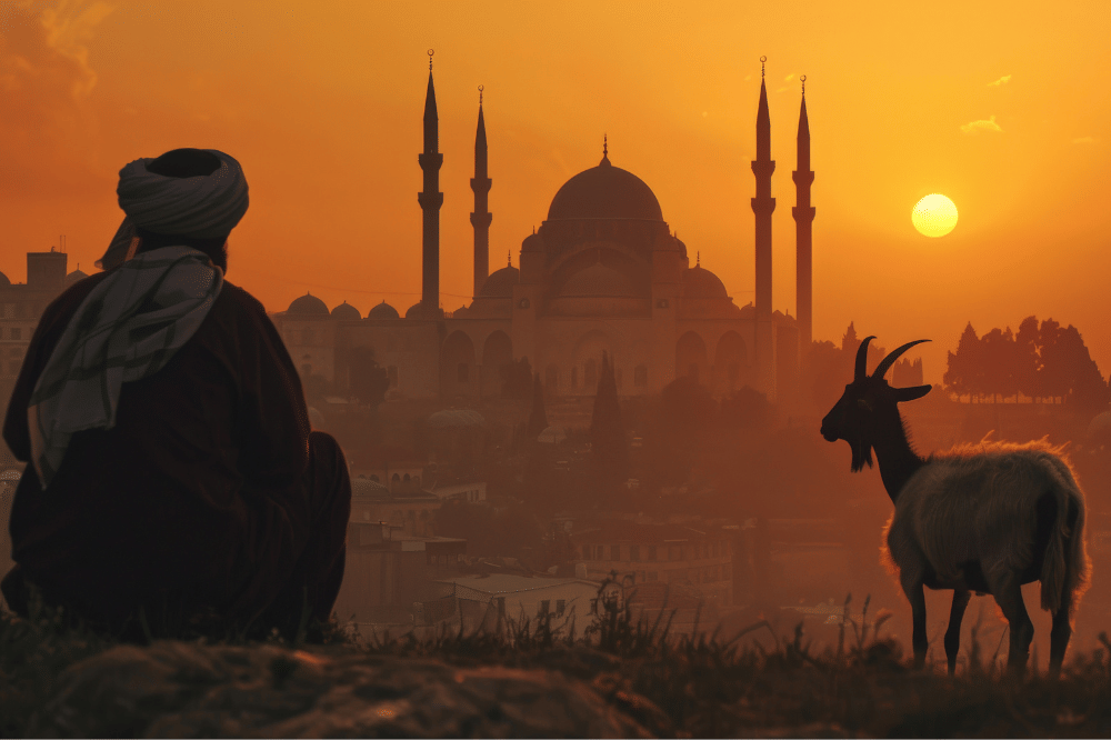 Seseorang sedang menatap sebuah bangunan dan disebelahnya ada seekor kambing