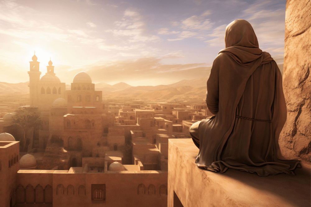 Seseorang sedang duduk dan menatap ke arah desa