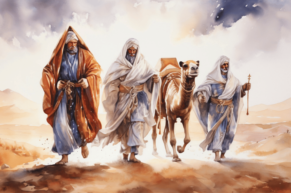 Beberapa orang terlihat berjalan di gurun dengan membawa unta