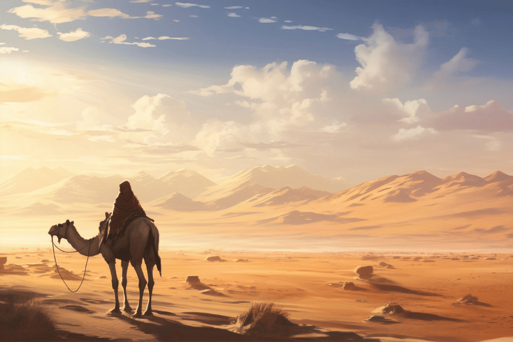 Terlihat seseorang sedang berada di atas unta di gurun pasir