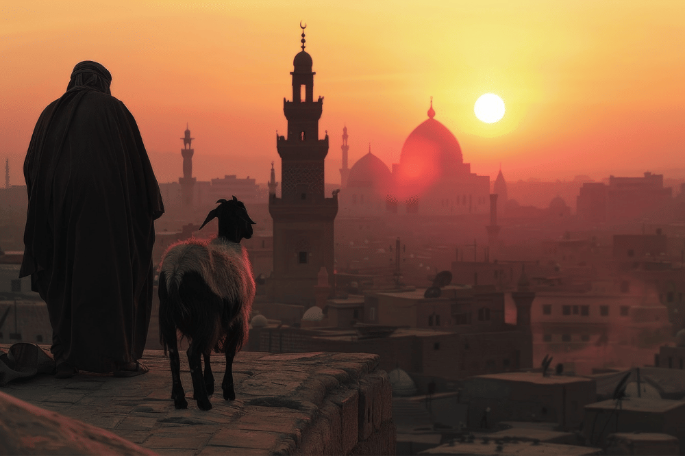 Siluet sore hari seseorang dari belakang yang sedang menatap bangunan bersama seekor kambing