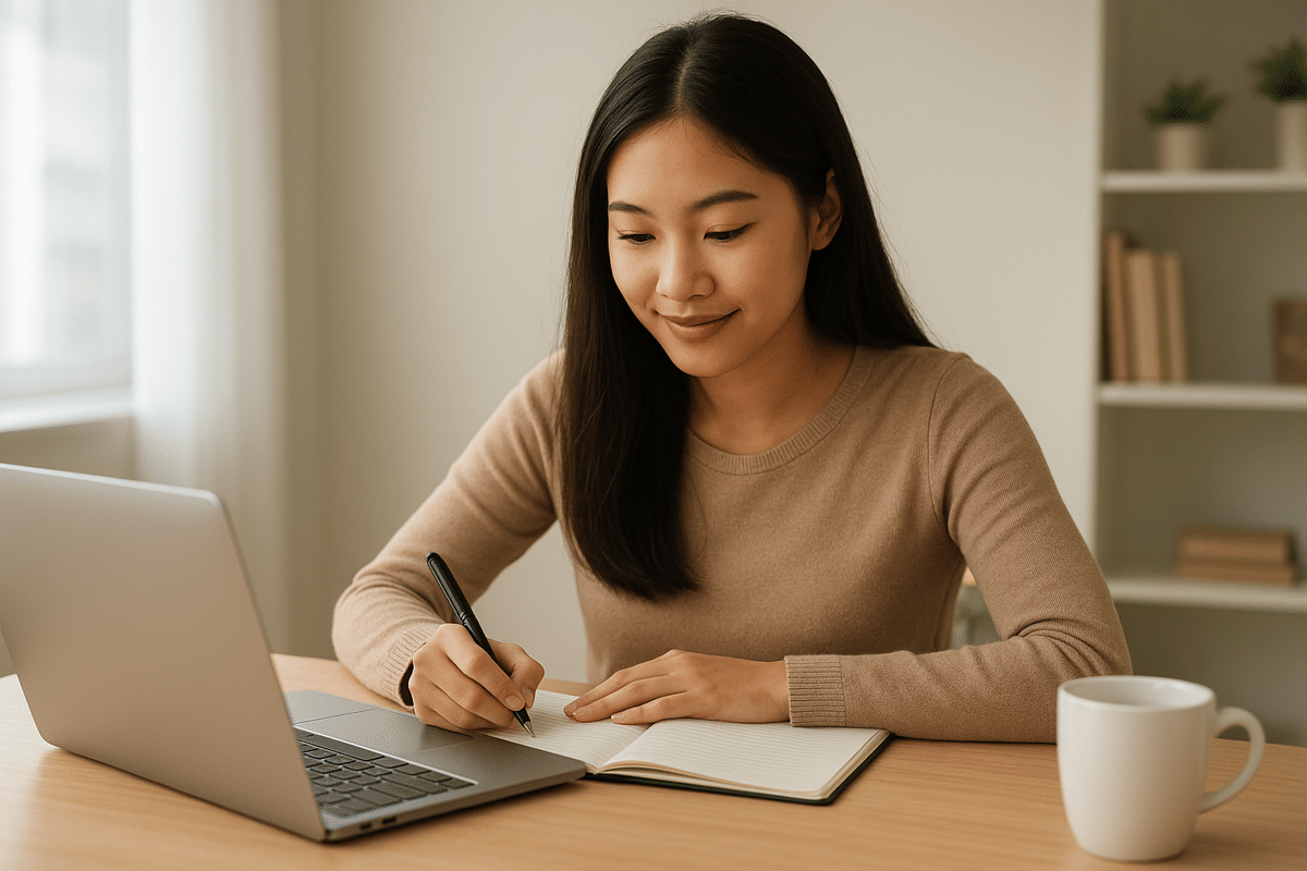 Gadis produktif sedang fokus menulis di jurnal sambil bekerja dengan laptop, ditemani cahaya natural yang hangat dan suasana meja kerja minimalis