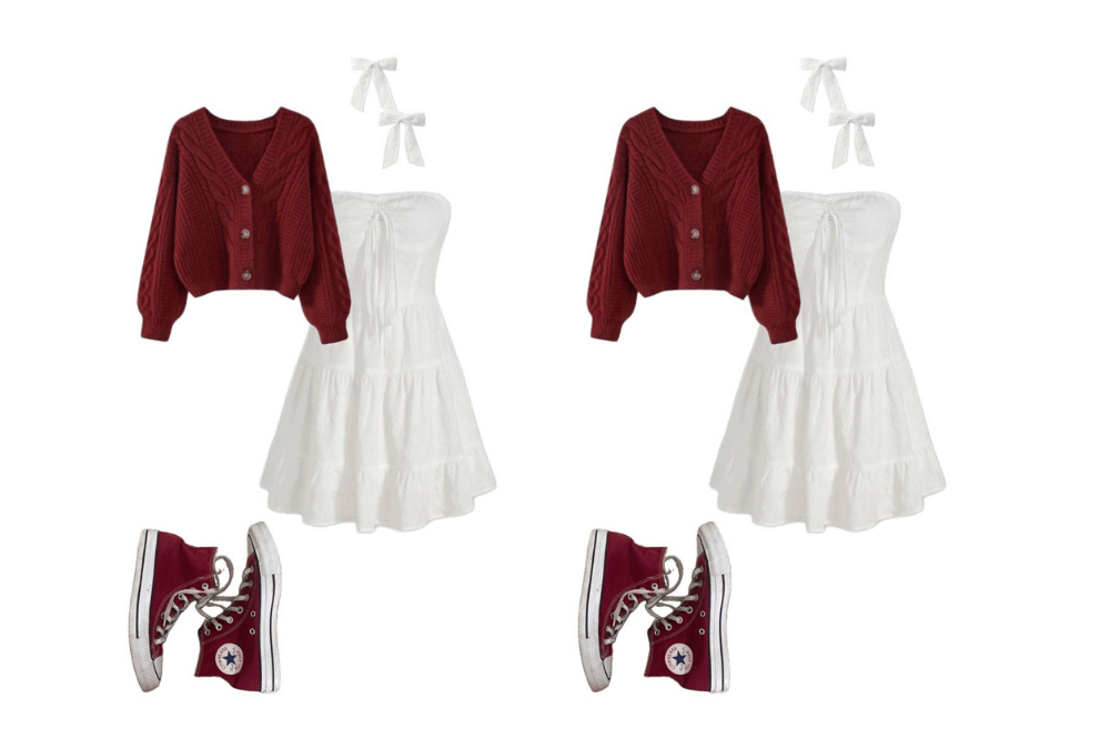 Model baju Natal remaja perempuan 2025 pakai mini dress putih dengan cardigan merah dan boots