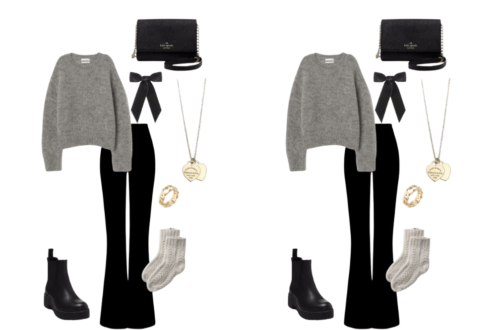 Model baju Natal remaja perempuan 2025 dengan tema monokrom pakai boots