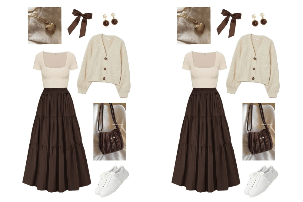 Model baju Natal remaja perempuan 2025 dengan tema coklat pakai rok