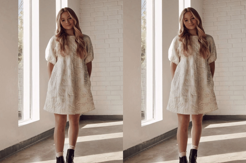 Model baju Natal remaja perempuan 2025 pakai mini dress putih dan boots