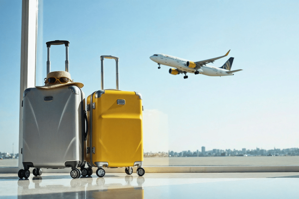 Pesawat sedang take off yang terlihat dari dalam bandara