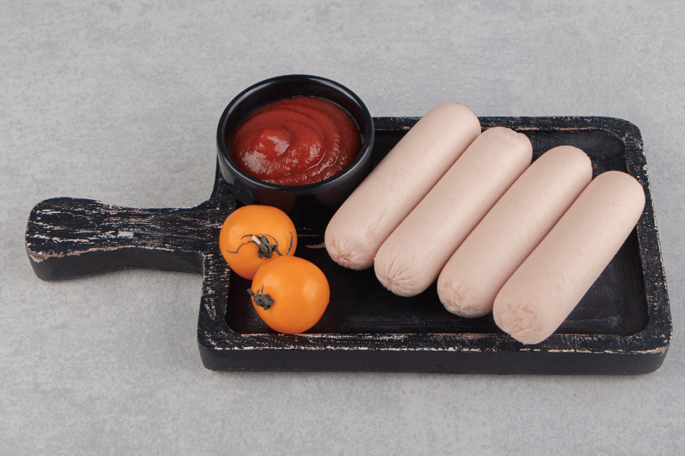 Sosis ayam yang disajikan bersama saus