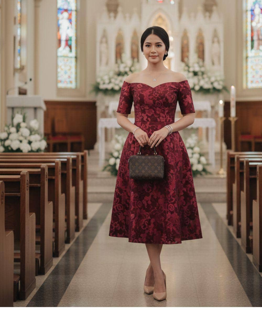 Inspirasi Gaya untuk Malam Natal dengan Dress Brokat Burgundy, Elegan!