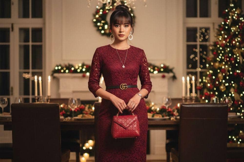 Inspirasi Gaya untuk Malam Natal dengan Dress Brokat Burgundy, Elegan!