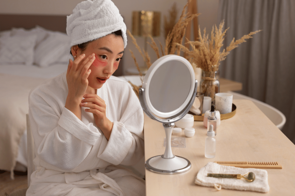 Seorang perempuan sedang menggunakan skincare eye patch sambil becermin
