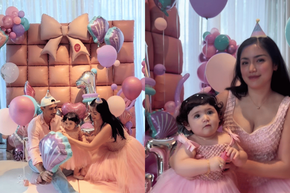 Mama Jedar kompak menggunakan rok tutu pink bareng Hagia dan Papa Vincent pakai kemeja pink