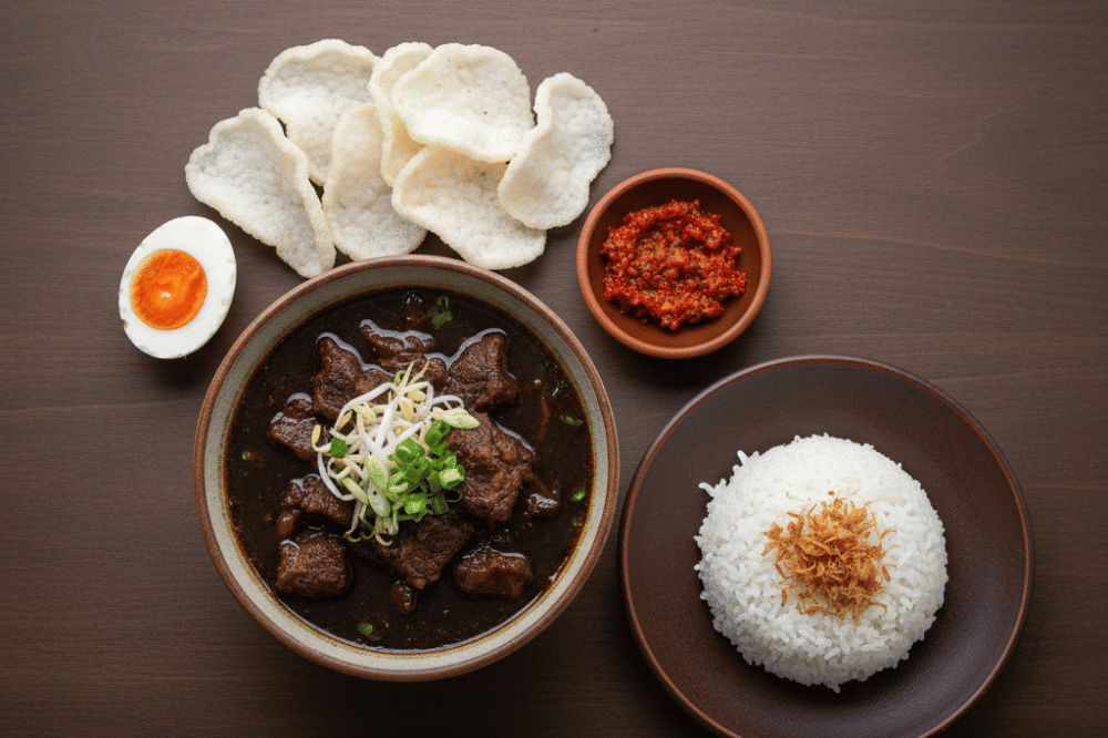 Semangkuk rawon dengan nasi, telur asin, kerupuk dan sambal