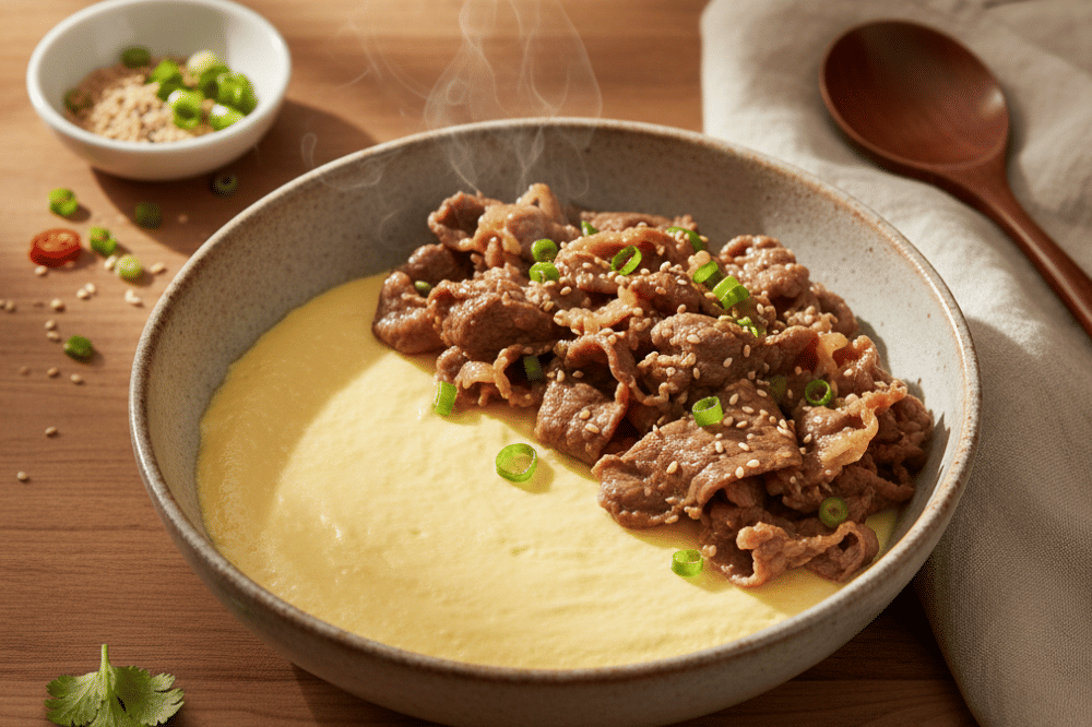 Makanan Protein super bowl dengan daging sapi dan telur