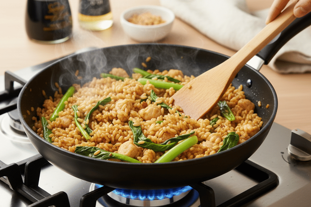 Cara membuat olahan nasi sayur aman untuk diet dengan nasi gurih pakcoy