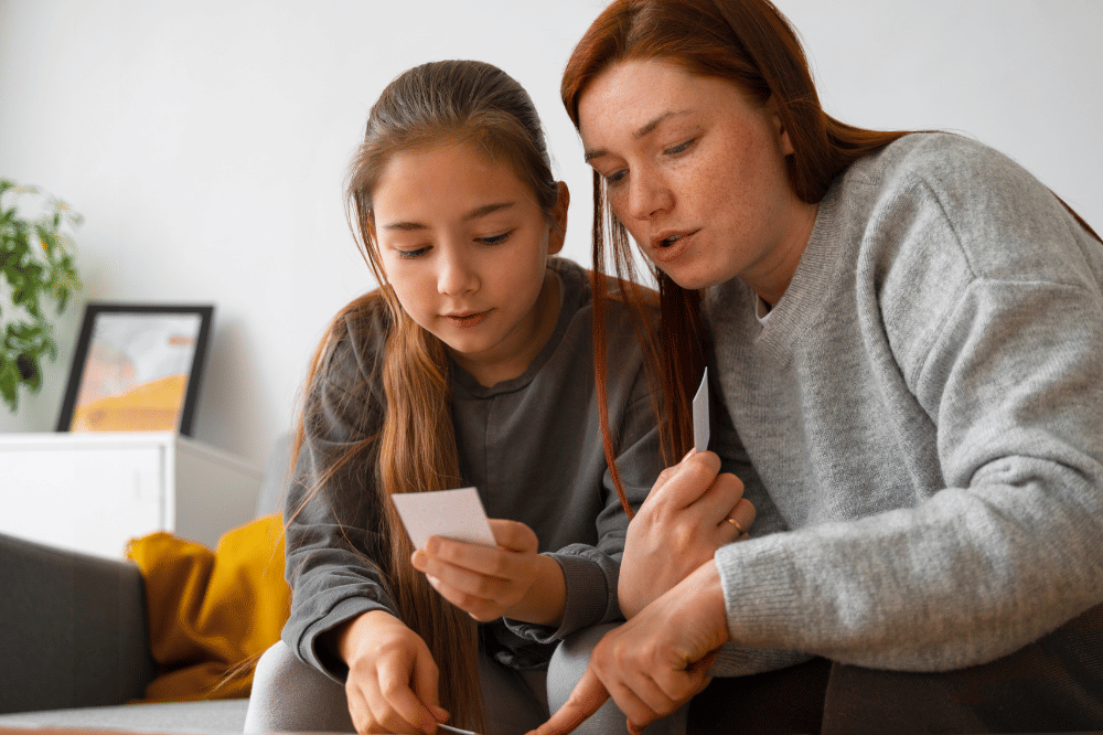 Mama dan anak perempuan sedang mengobrol sambil memegang foto