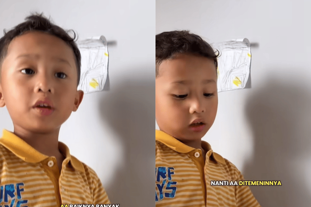 Anak laki-laki menempel poster soal pemakaman