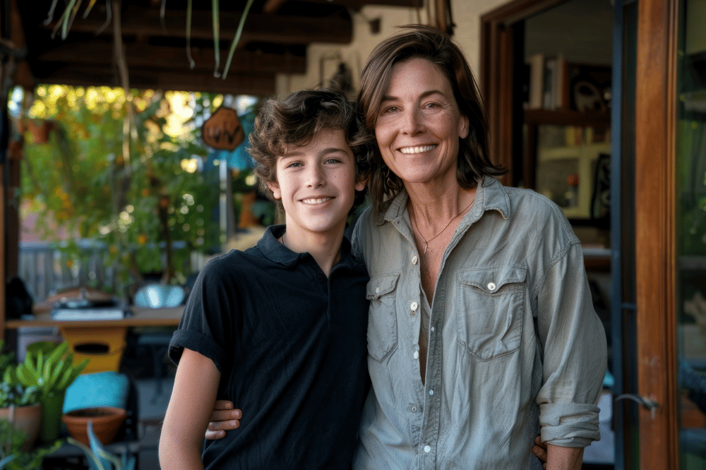 Anak laki-laki dan Mama tersenyum ke kamera