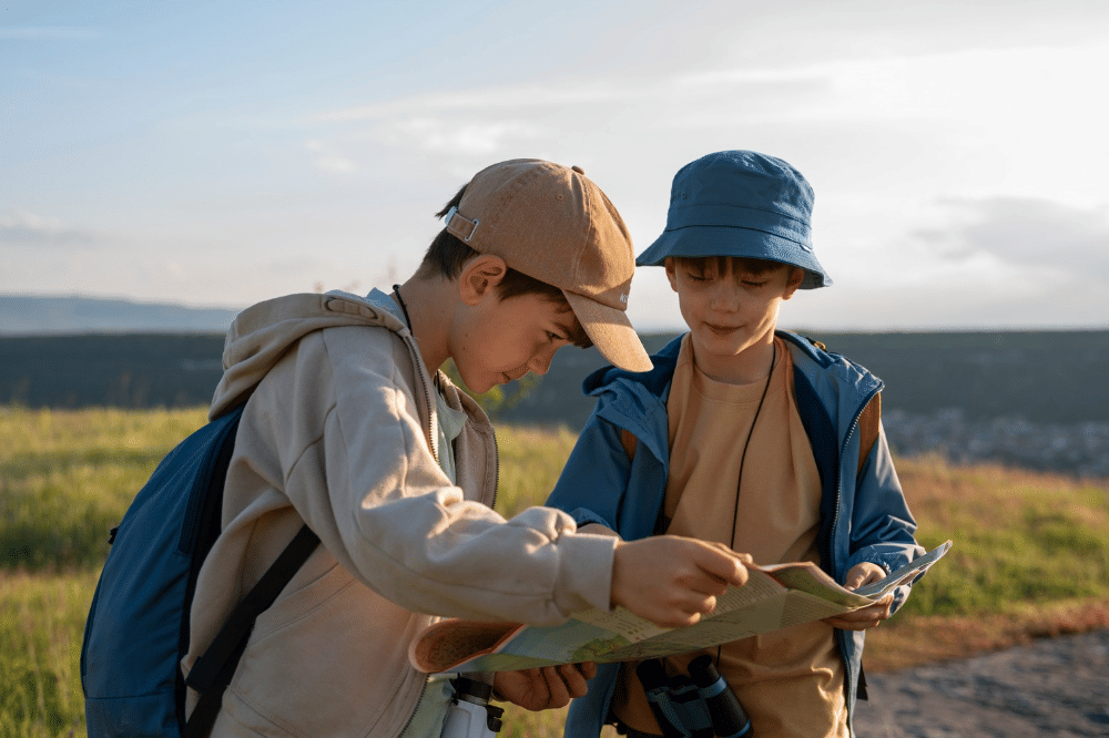 Kedua anak laki-laki sedang memegang peta untuk melihat arah jalan dan posisi
