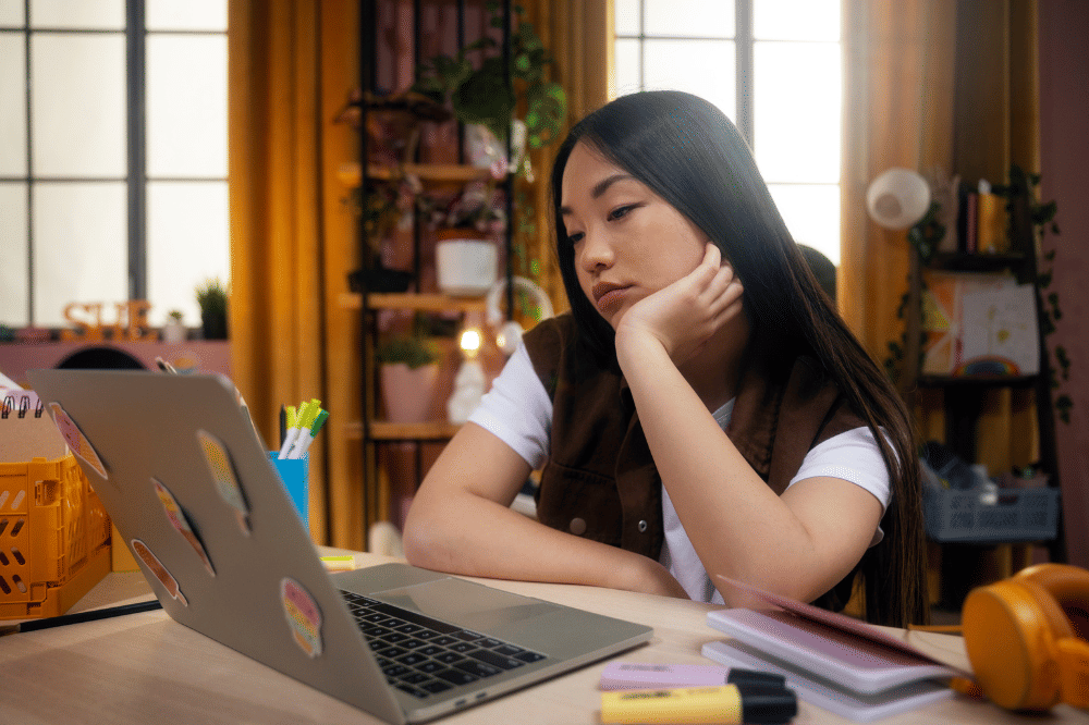 Remaja perempuan mengerjakan tugasnya sendiri
