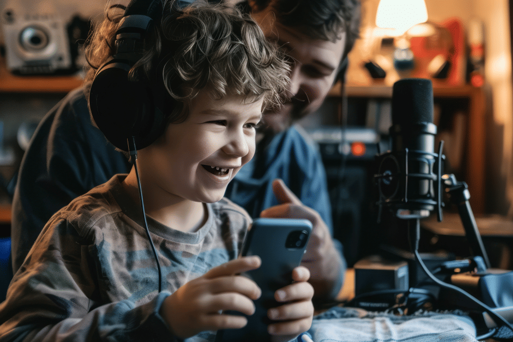 Ilustrasi anak mendengarkan podcast