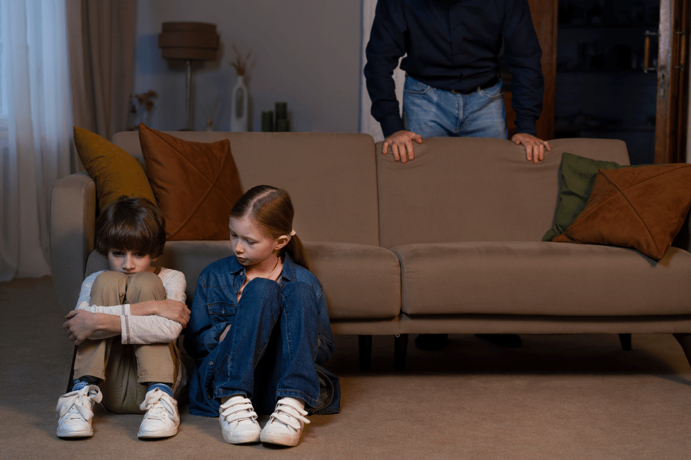 Kedua bersaudara sedang duduk di lantai dan bersandar di sofa