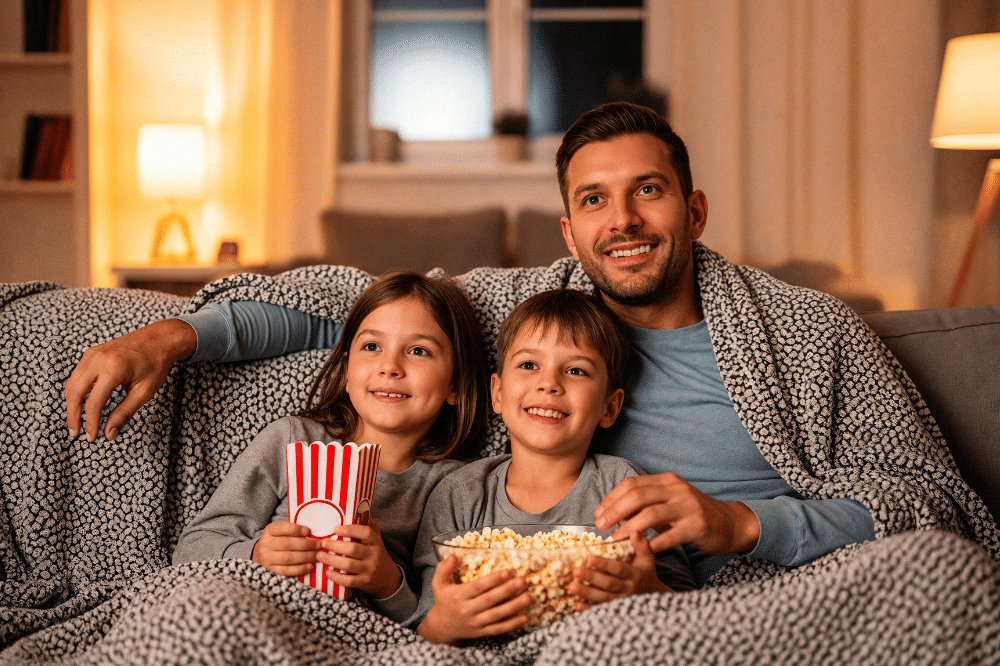 Papa menonton film bersama anak-anak