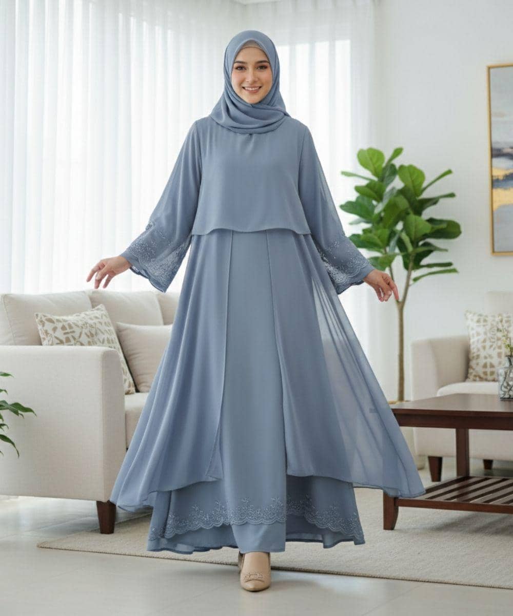 7 Inspirasi Model Baju Lebaran Warna Ash Blue