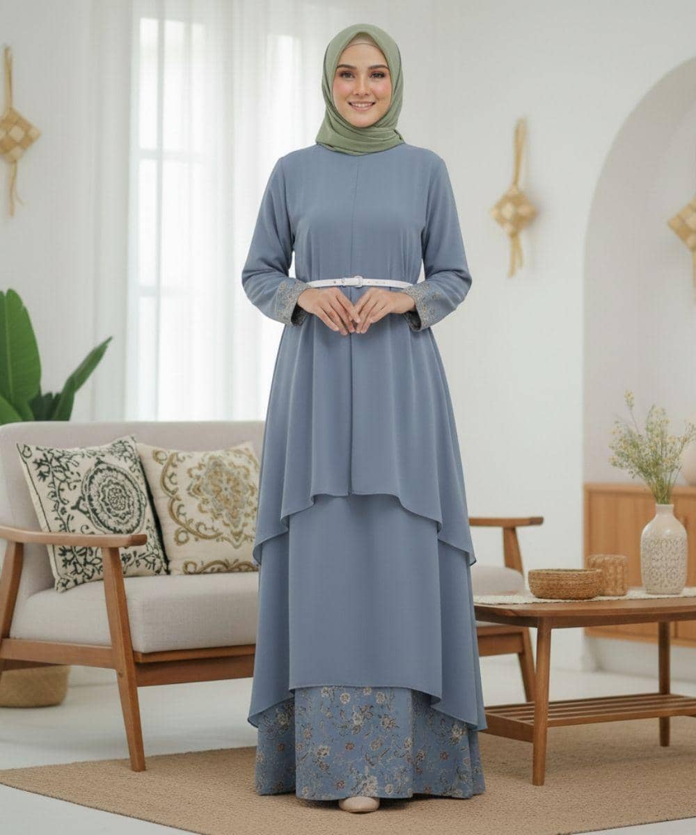 7 Inspirasi Model Baju Lebaran Warna Ash Blue