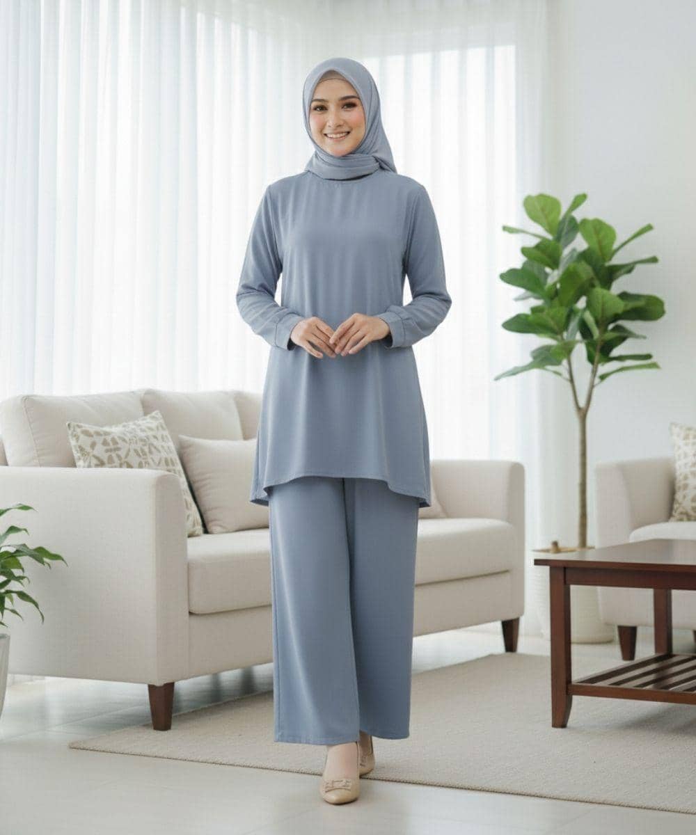 7 Inspirasi Model Baju Lebaran Warna Ash Blue