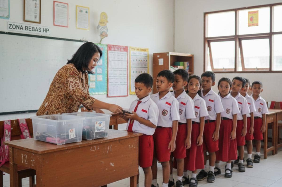 siswa sedang mengumpulkan hp