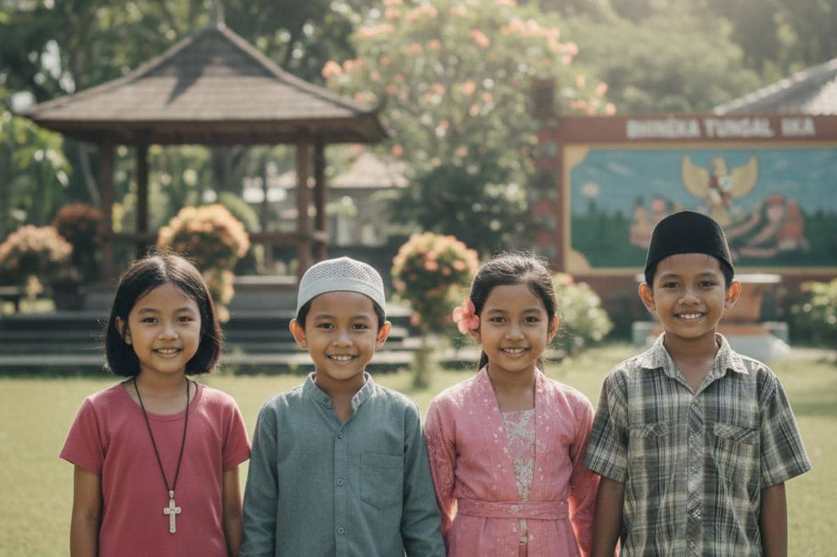 anak dengan agama berbeda sedang foto bersama