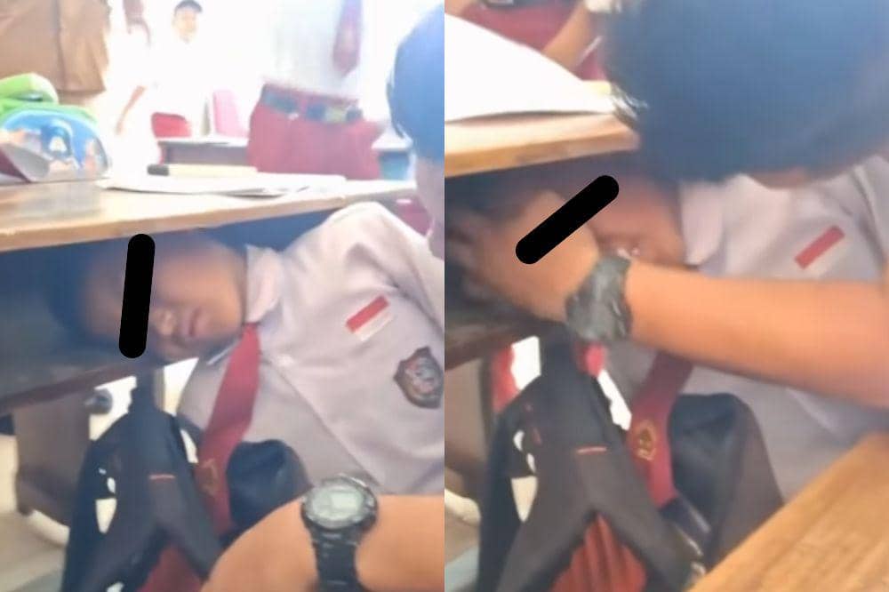 kepala siswa sd nyangkut di kolong meja