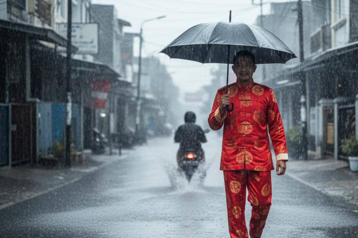 pria berjalan melewati hujan