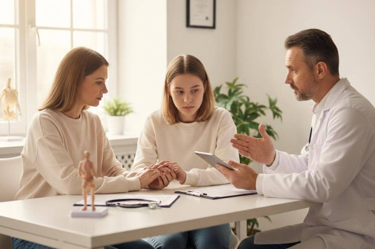 ibu dan anak sedang berkonsultasi ke dokter