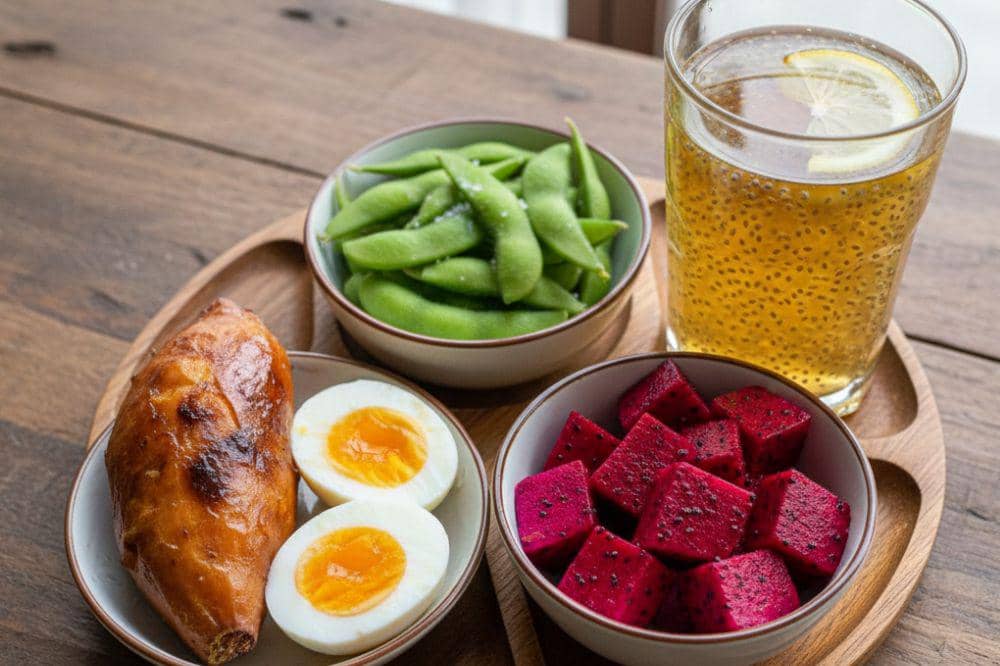 Ubi cilembu, telur, edamame, buah naga, dan seduhan lemon madu chia seed.