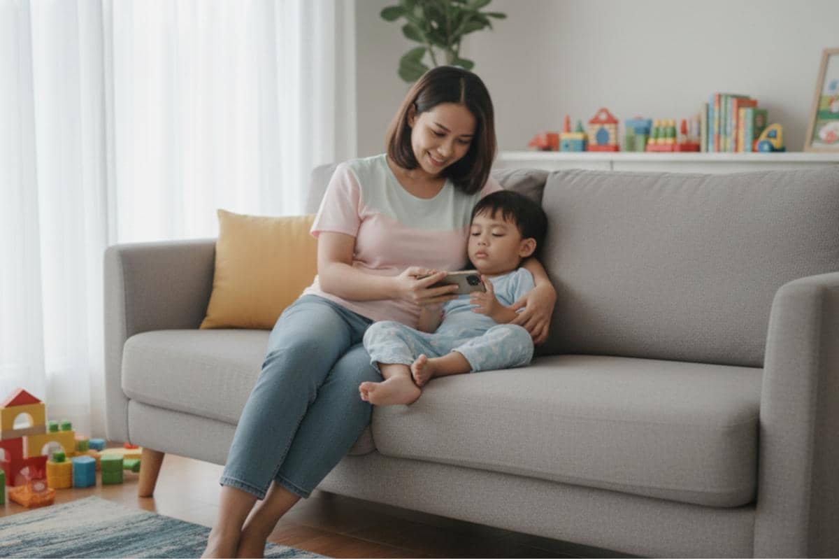 orangtua sedang mengawasi anak bermain gawai