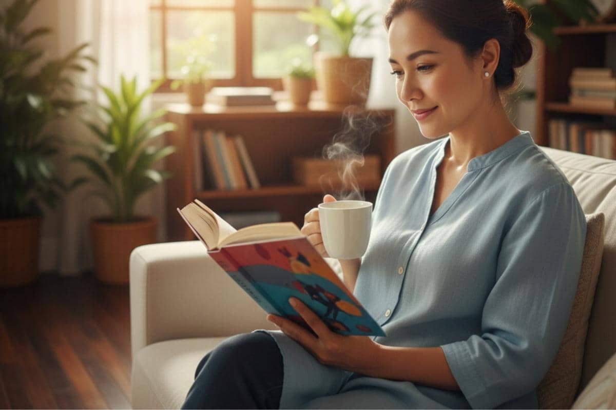 orangtua sedang membaca buku dan meminum kopi