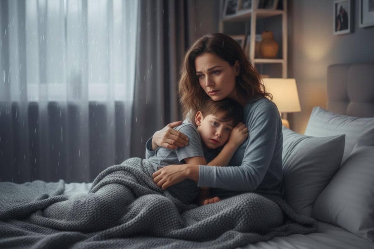 orangtua menenangkan anaknya yang takut