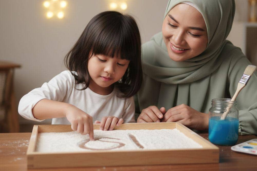 Menulis huruf hijaiyah di tepung terigu