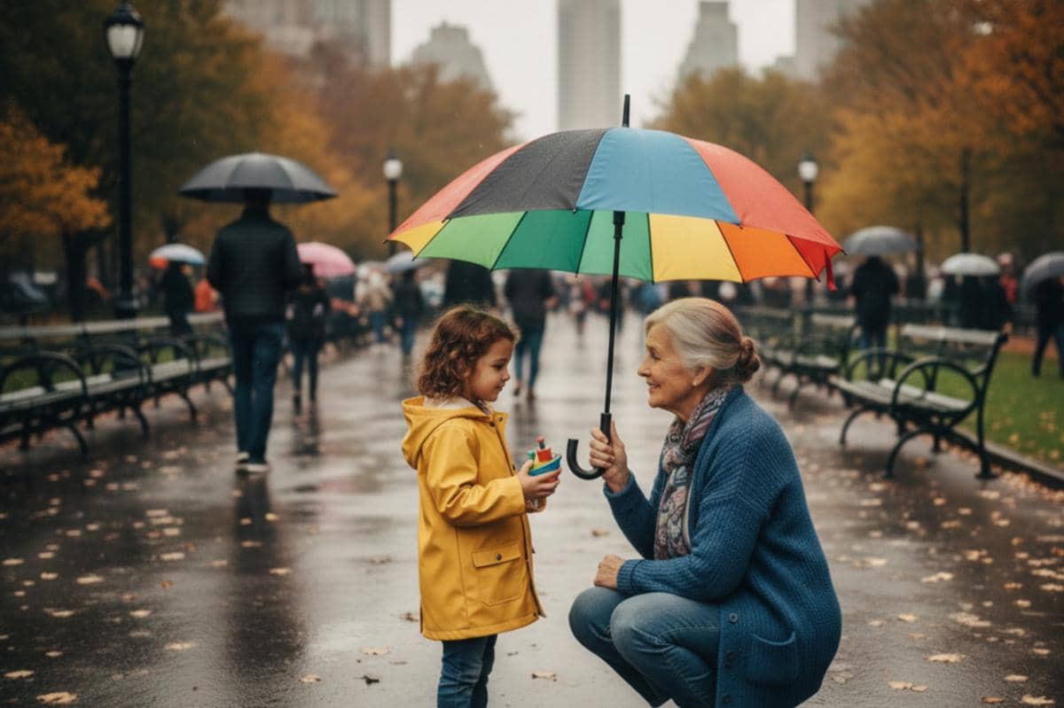 anak sedang berbicara dengan orang asing di taman