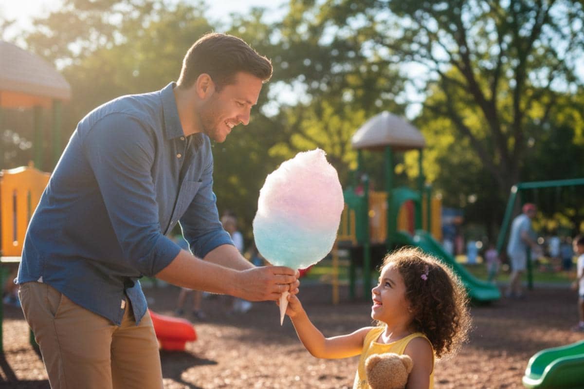 pria dewasa memberikan gulali ke anak