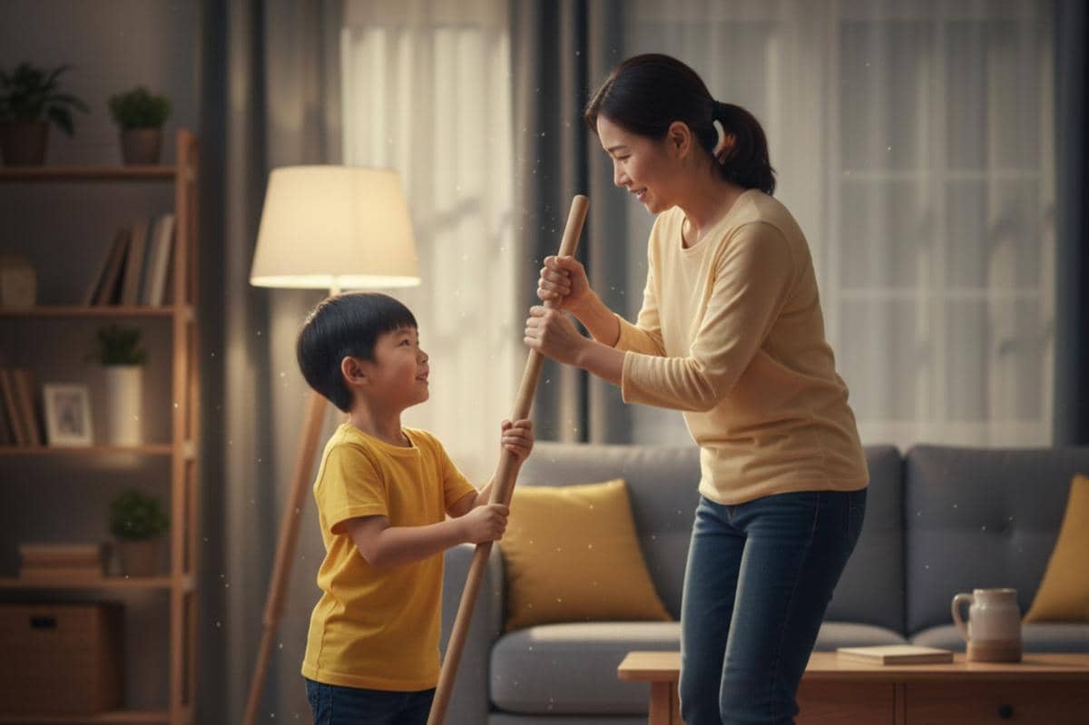 anak membantu ibu menyapu rumah