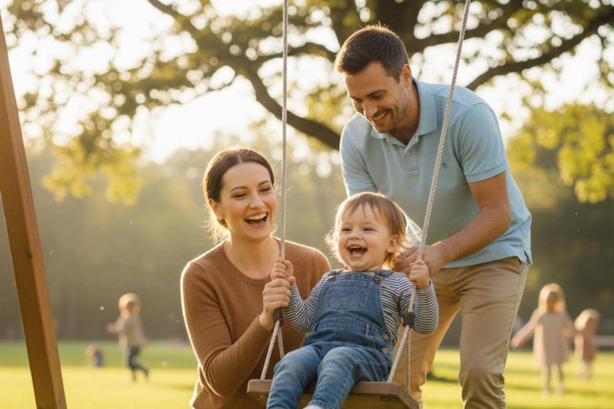 orangtua dan anak sedang bermain ayunan