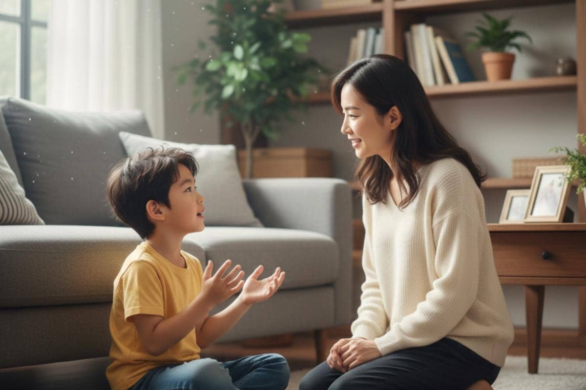 anak laki-laki sedang berbicara dengan orangtua