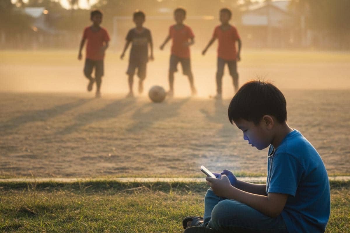 anak laki-laki bermain gawai di lapangan