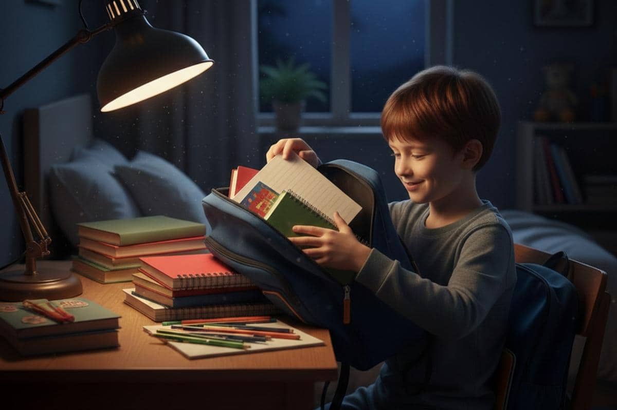 anak sedang mempersiapkan alat sekolah