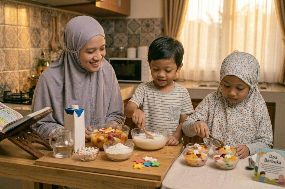 Anak membantu ibu menyiapkan makanan berbuka puasa